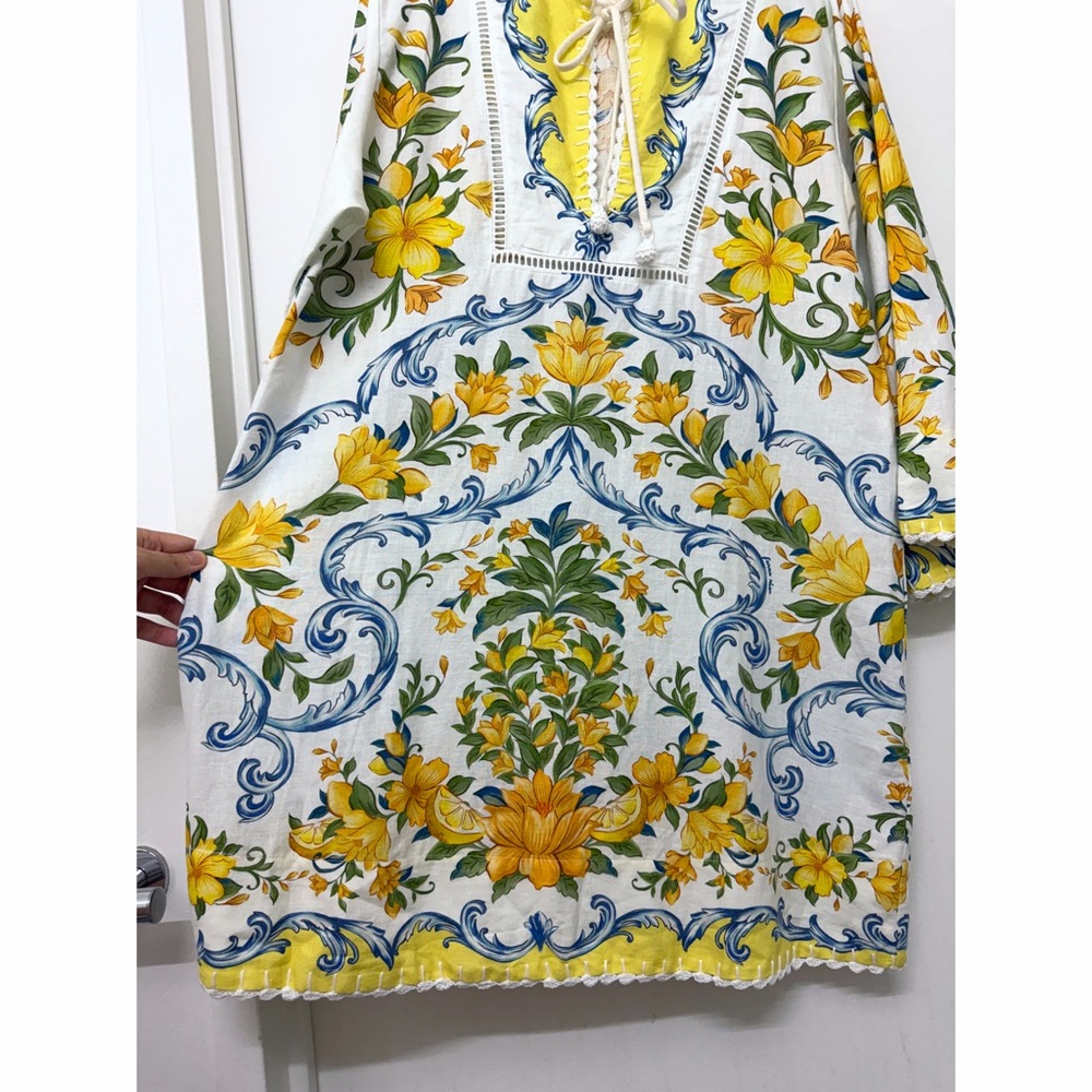 Farm Rio Sicily Scarf Lemon Print Mini Dress Yellow Fruit Floral Linen L - Picture 7 of 16